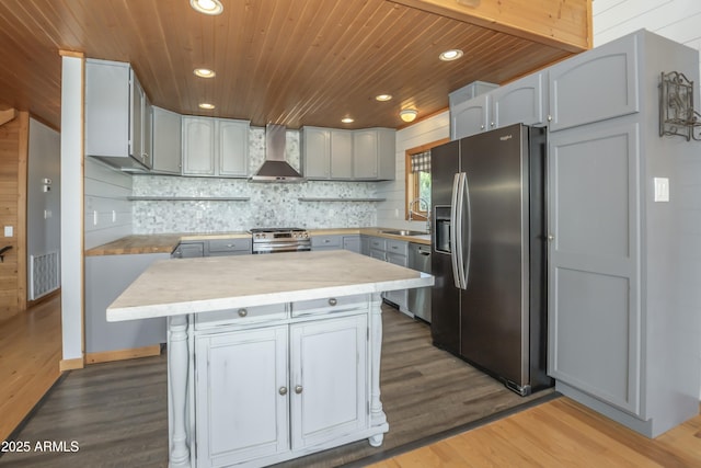 4177 W Finch Hollow Ave, Chino Valley, AZ 86323 - kitchen with wood finished floors, wall chimney range hood, wooden ceiling, a sink, and appliances with stainless steel finishes