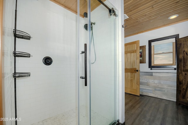 4177 W Finch Hollow Ave, Chino Valley, AZ 86323 - full bathroom with a shower stall, wooden ceiling, and wood finished floors