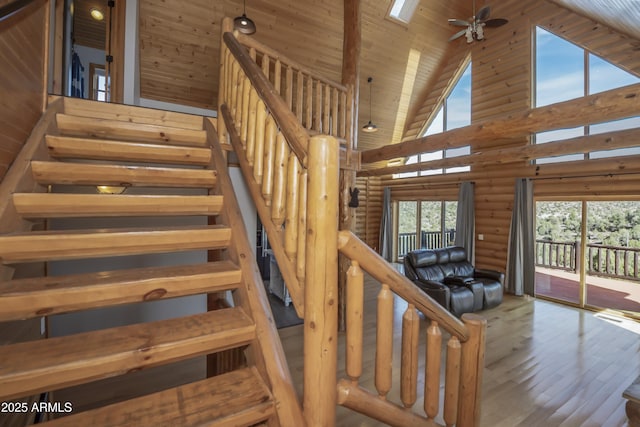 4177 W Finch Hollow Ave, Chino Valley, AZ 86323 - stairs with rustic walls, ceiling fan, wood ceiling, hardwood / wood-style flooring, and high vaulted ceiling