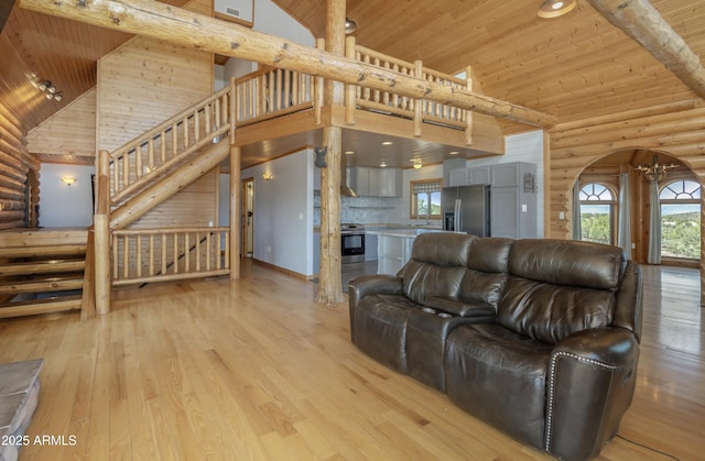 4177 W Finch Hollow Ave, Chino Valley, AZ 86323 - living room featuring high vaulted ceiling, wooden ceiling, and log walls