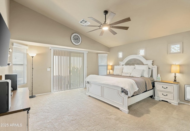 bedroom with ceiling fan, light carpet, access to outside, and vaulted ceiling