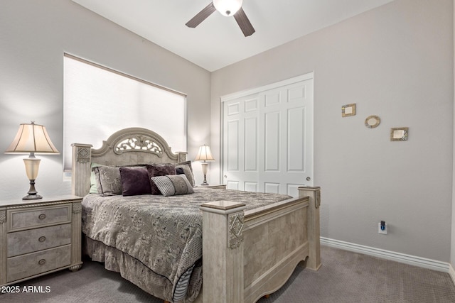 carpeted bedroom with a closet and ceiling fan