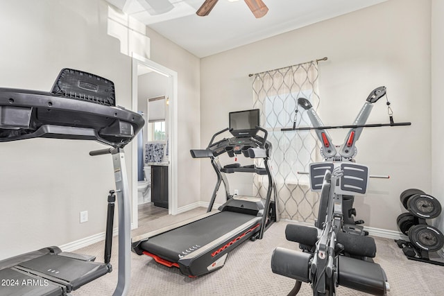 workout room featuring ceiling fan