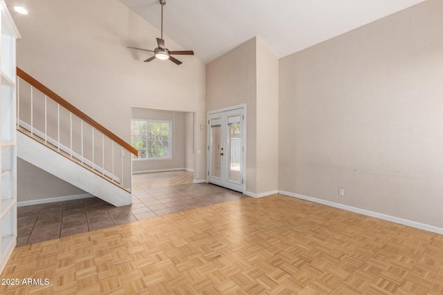 966 E Driftwood Dr, Tempe, AZ 85283 - foyer with baseboards, high vaulted ceiling, ceiling fan, and stairs