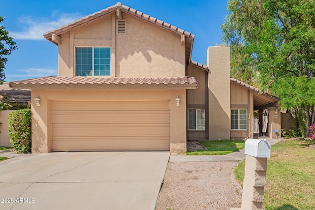 966 E Driftwood Dr, Tempe, AZ 85283 - view of front facade with a tile roof, an attached garage, concrete driveway, stucco siding, and a chimney