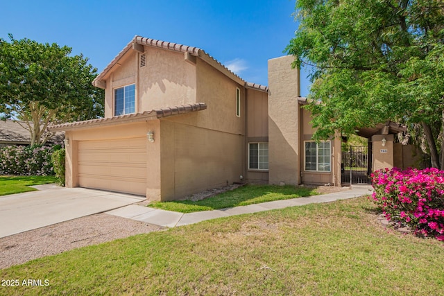 966 E Driftwood Dr, Tempe, AZ 85283 - view of front of house with stucco siding, driveway, an attached garage, a tiled roof, and a gate