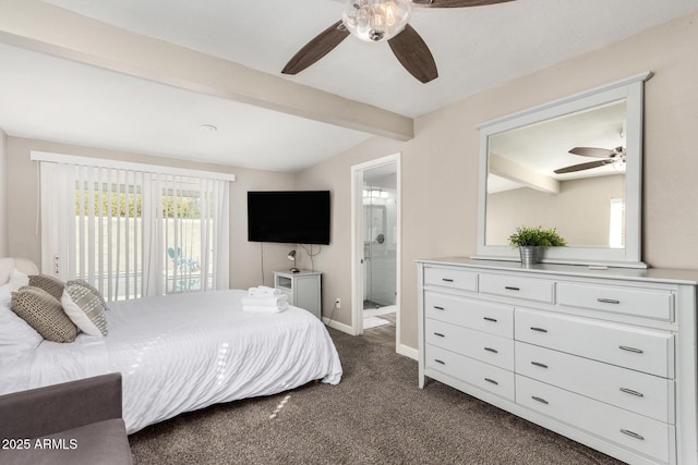 bedroom with baseboards, ceiling fan, ensuite bathroom, vaulted ceiling with beams, and dark colored carpet