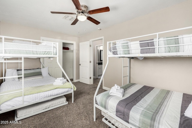 carpeted bedroom with ceiling fan and visible vents