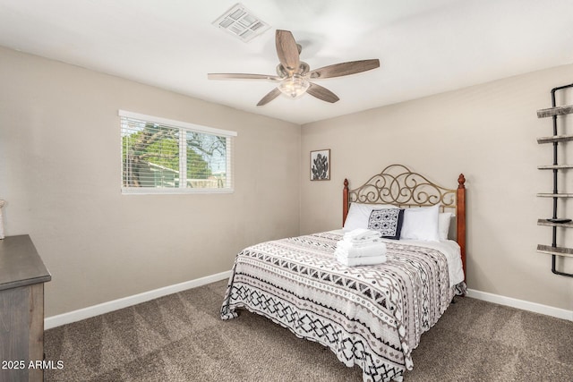 carpeted bedroom with baseboards, visible vents, and ceiling fan