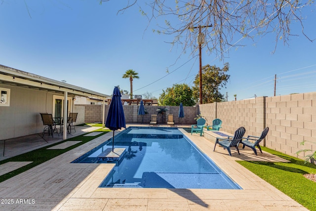 view of pool featuring a patio area, a fenced backyard, and a fenced in pool