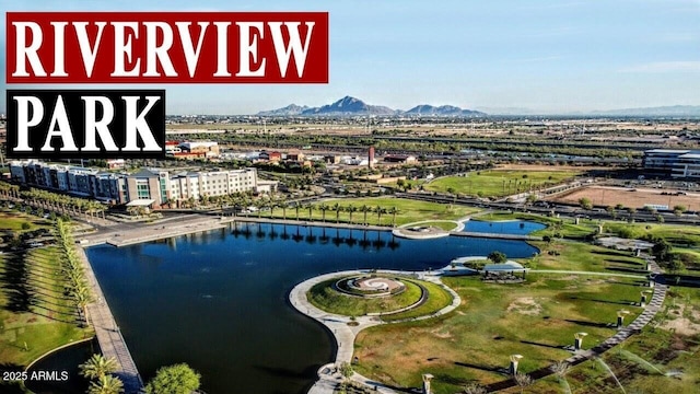 bird's eye view featuring a water and mountain view