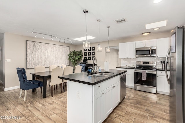 kitchen featuring visible vents, decorative backsplash, dark countertops, appliances with stainless steel finishes, and a sink