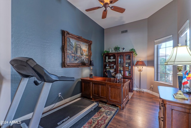 office space with ceiling fan and dark wood-type flooring