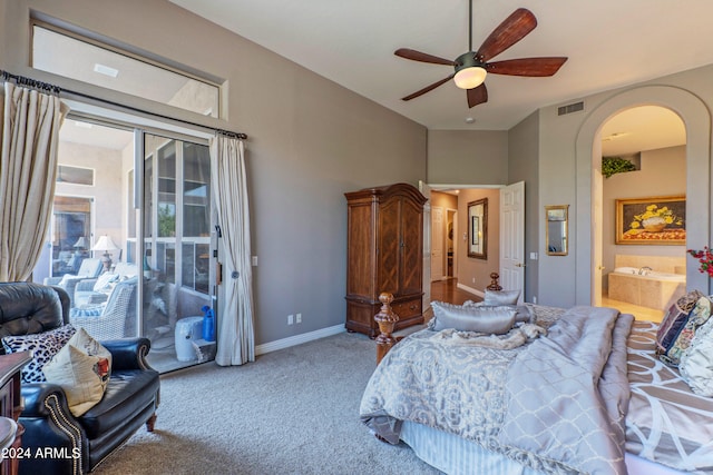 carpeted bedroom with connected bathroom and ceiling fan