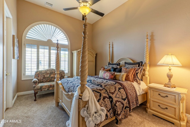 carpeted bedroom with ceiling fan