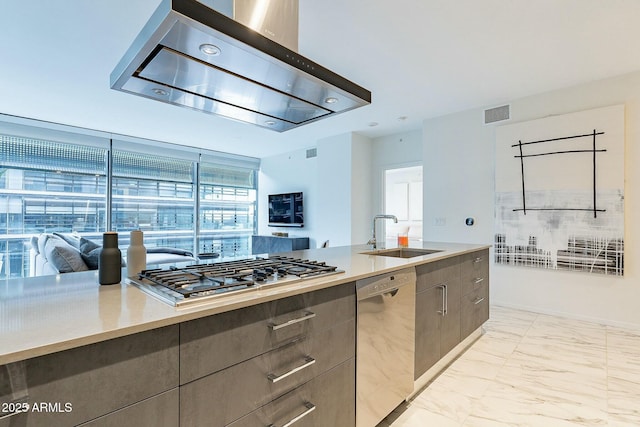 kitchen with range hood, visible vents, a sink, appliances with stainless steel finishes, and marble finish floor