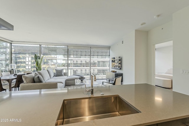 kitchen with floor to ceiling windows and a sink