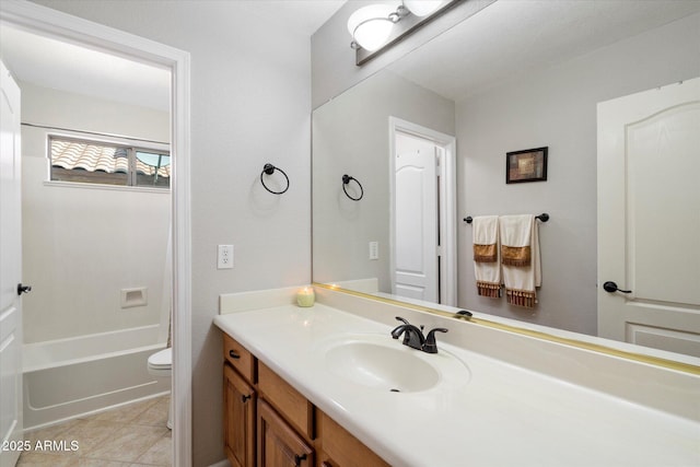 full bath with vanity, bathing tub / shower combination, toilet, and tile patterned flooring