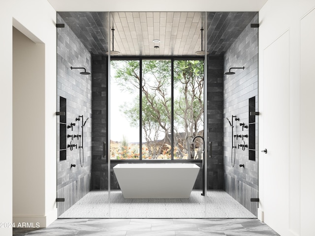 bathroom with shower with separate bathtub