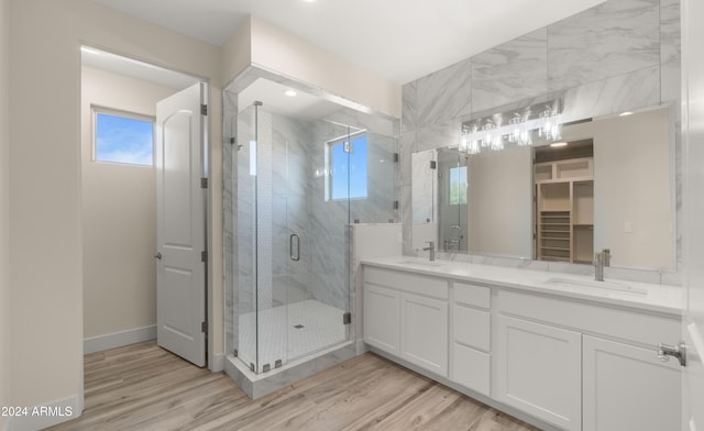 bathroom featuring vanity, wood-type flooring, and an enclosed shower