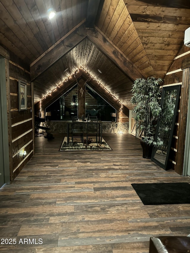 miscellaneous room featuring hardwood / wood-style flooring, lofted ceiling, and wooden ceiling