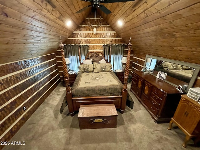 unfurnished bedroom featuring wood ceiling, wooden walls, and vaulted ceiling