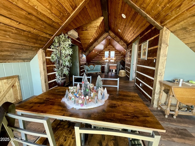 dining area with lofted ceiling, wood walls, wood ceiling, dark hardwood / wood-style floors, and a wall unit AC