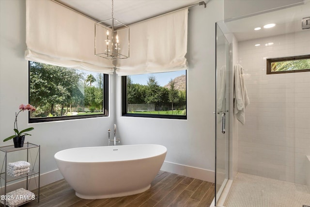 bathroom featuring a freestanding bath, a shower stall, plenty of natural light, and wood finish floors