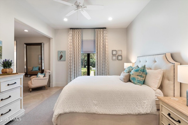 bedroom featuring recessed lighting, baseboards, and ceiling fan