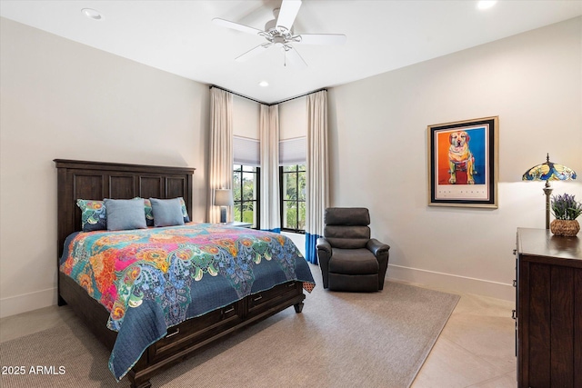 bedroom featuring recessed lighting, a ceiling fan, and baseboards