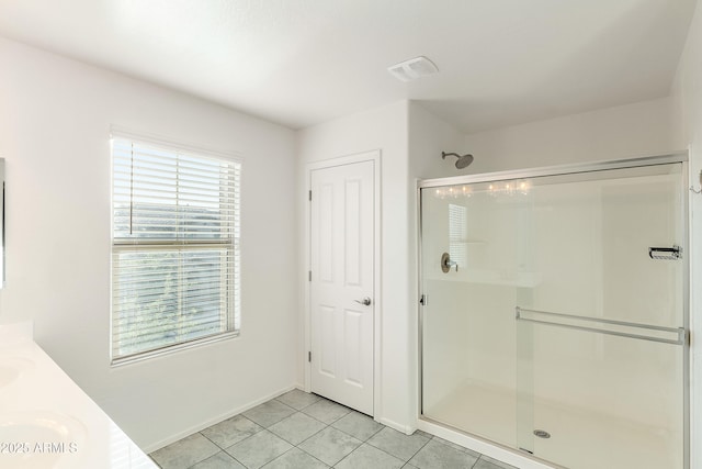 1255 N Banning, Mesa, AZ 85205 - bathroom with double vanity, tile patterned floors, visible vents, baseboards, and a shower stall