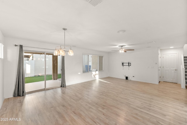 1255 N Banning, Mesa, AZ 85205 - unfurnished living room featuring light wood finished floors, ceiling fan with notable chandelier, baseboards, and visible vents