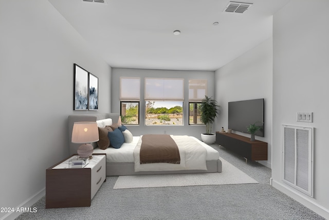 bedroom featuring light colored carpet