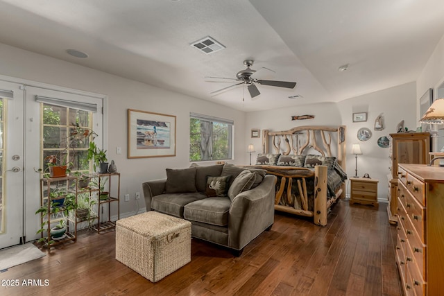 12837 N 68th St, Scottsdale, AZ 85254 - bedroom featuring dark wood-type flooring, baseboards, a ceiling fan, and french doors