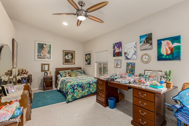 12837 N 68th St, Scottsdale, AZ 85254 - carpeted bedroom featuring lofted ceiling, baseboards, a ceiling fan, and an office area