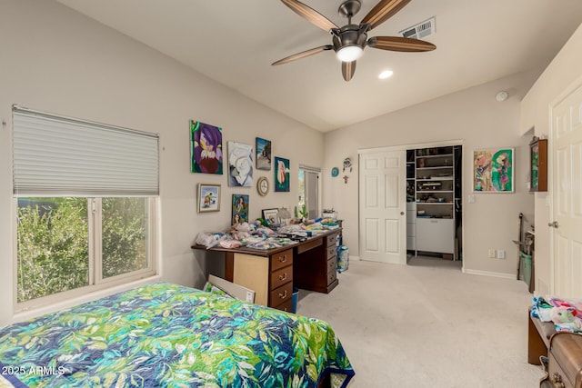 12837 N 68th St, Scottsdale, AZ 85254 - bedroom featuring vaulted ceiling, light carpet, baseboards, a closet, and a ceiling fan