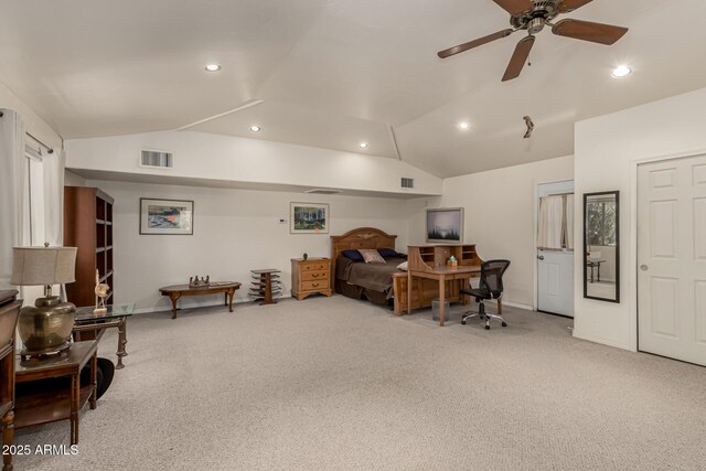 12837 N 68th St, Scottsdale, AZ 85254 - carpeted living room with lofted ceiling, recessed lighting, baseboards, and ceiling fan