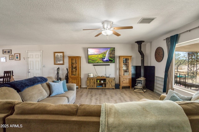 8730 E Barataria Blvd, Sierra Vista, AZ 85650 - living room featuring a ceiling fan, a wood stove, light wood-style flooring, and a textured ceiling