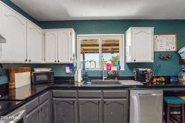 8730 E Barataria Blvd, Sierra Vista, AZ 85650 - kitchen with stainless steel dishwasher, a sink, black microwave, dark countertops, and white cabinetry