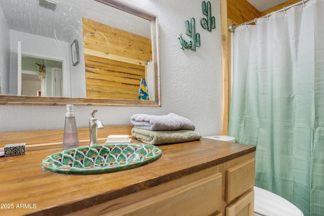 8730 E Barataria Blvd, Sierra Vista, AZ 85650 - bathroom with vanity, toilet, a textured wall, and curtained shower