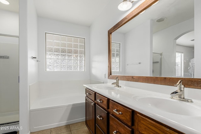 28232 N Abby Cir, San Tan Valley, AZ 85143 - bathroom with a shower stall, tile patterned floors, a bath, and double vanity