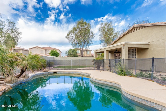 28232 N Abby Cir, San Tan Valley, AZ 85143 - view of swimming pool with a fenced backyard and ceiling fan
