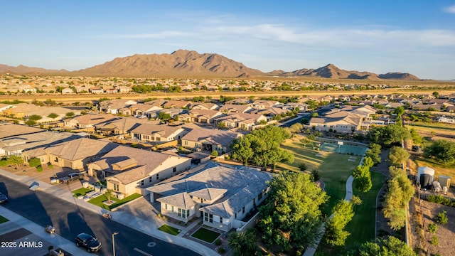 drone / aerial view featuring a mountain view and a residential view