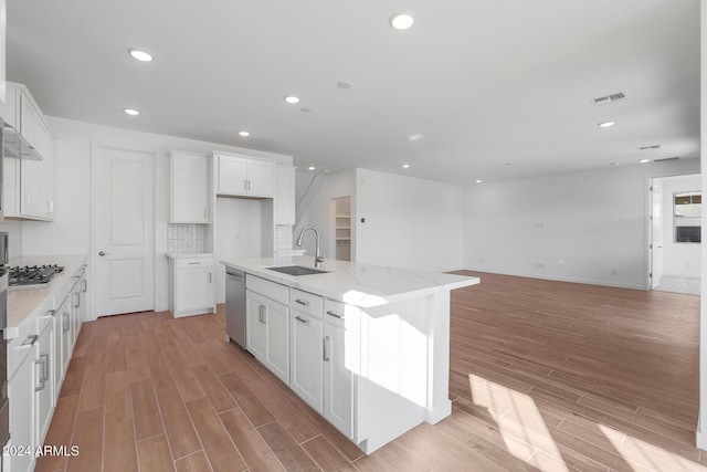 kitchen featuring white cabinetry, a kitchen island with sink, light hardwood / wood-style flooring, and appliances with stainless steel finishes