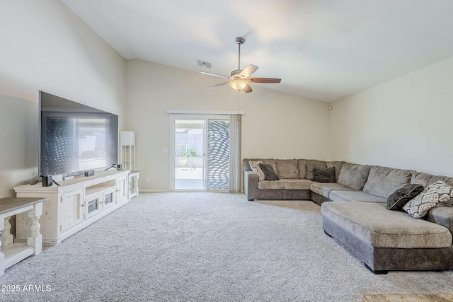 2717 W Bowker St, Phoenix, AZ 85041 - living room featuring vaulted ceiling, ceiling fan, and carpet floors