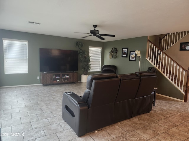 21280 N 96th Ave, Peoria, AZ 85382 - living room with ceiling fan, stairs, and light tile patterned floors