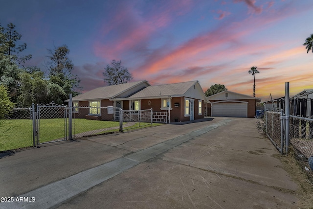 ranch-style house featuring an outdoor structure, fence private yard, a gate, and a front lawn