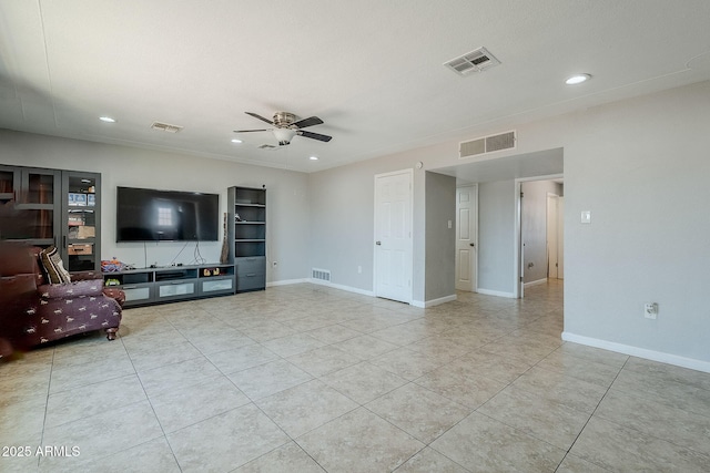 tiled living room with a ceiling fan, recessed lighting, and visible vents