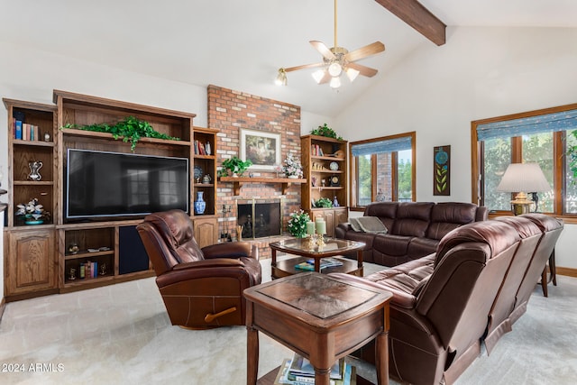 living room featuring a fireplace, light colored carpet, beamed ceiling, and ceiling fan