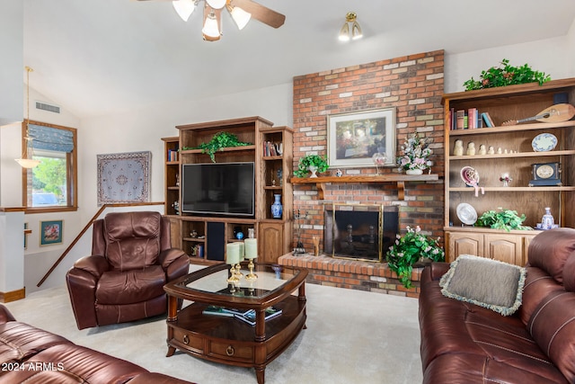 living room featuring a fireplace, ceiling fan, light colored carpet, and vaulted ceiling